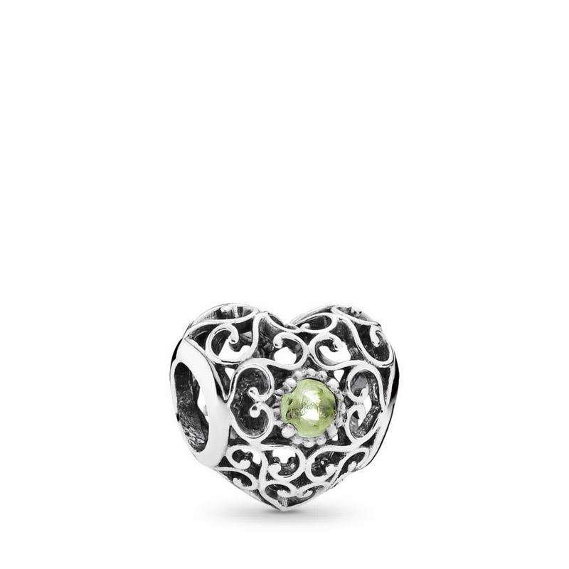 Pandora August Signature Heart Charm with Peridot Birthstone Online NZ, Sterling Silver (120495-UMJ)